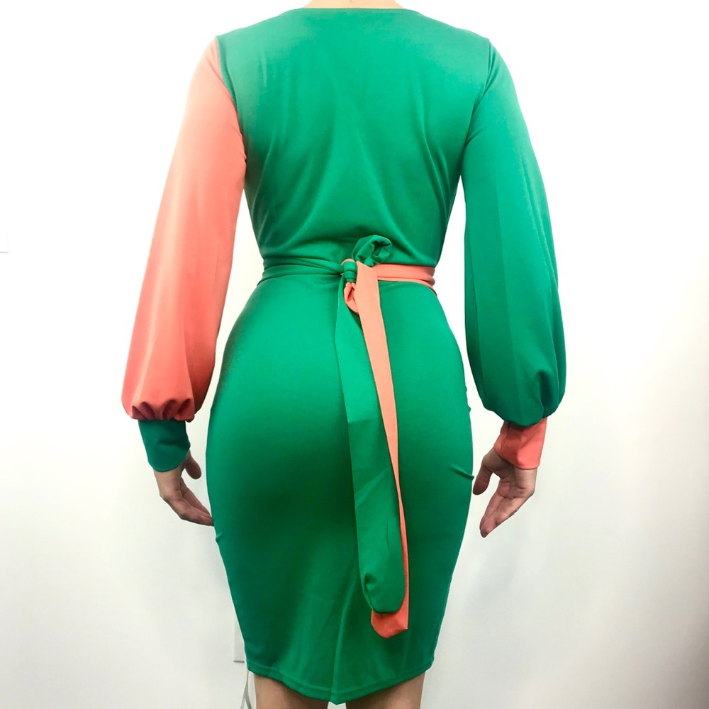 NWT Womens Green Orange V Neck Waist Belt Dress - Picture 2 of 4